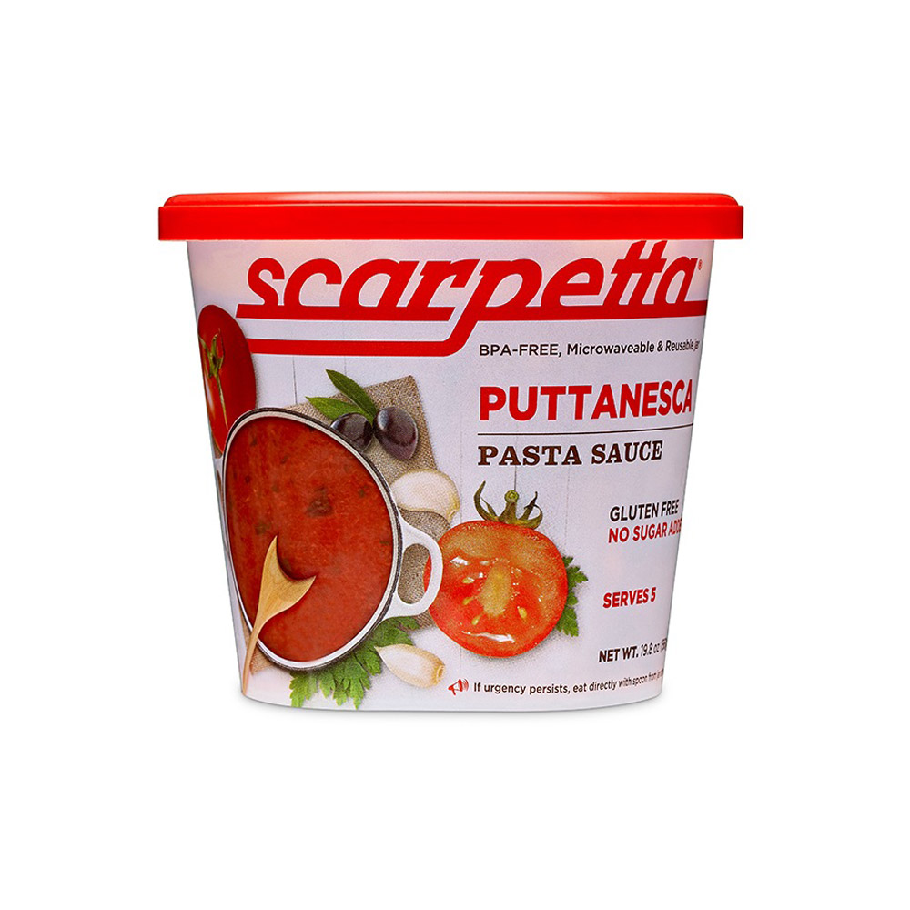 Plastic container of Scarpetta puttanesca sauce