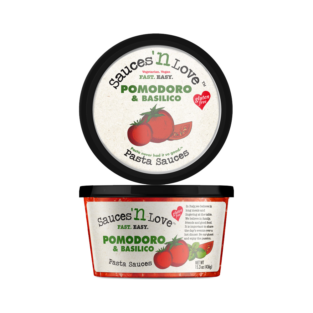 A container of pomodoro basilico sauce