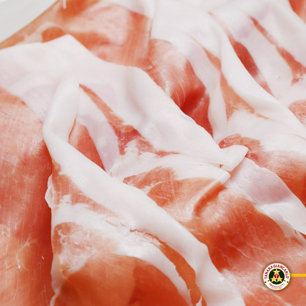 A zoomed in shot of sliced prosciutto