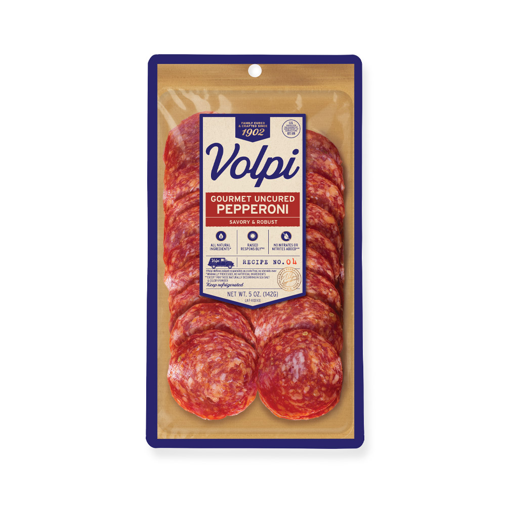 volpi sliced gourmet uncured pepperoni sliced in plastic packaging