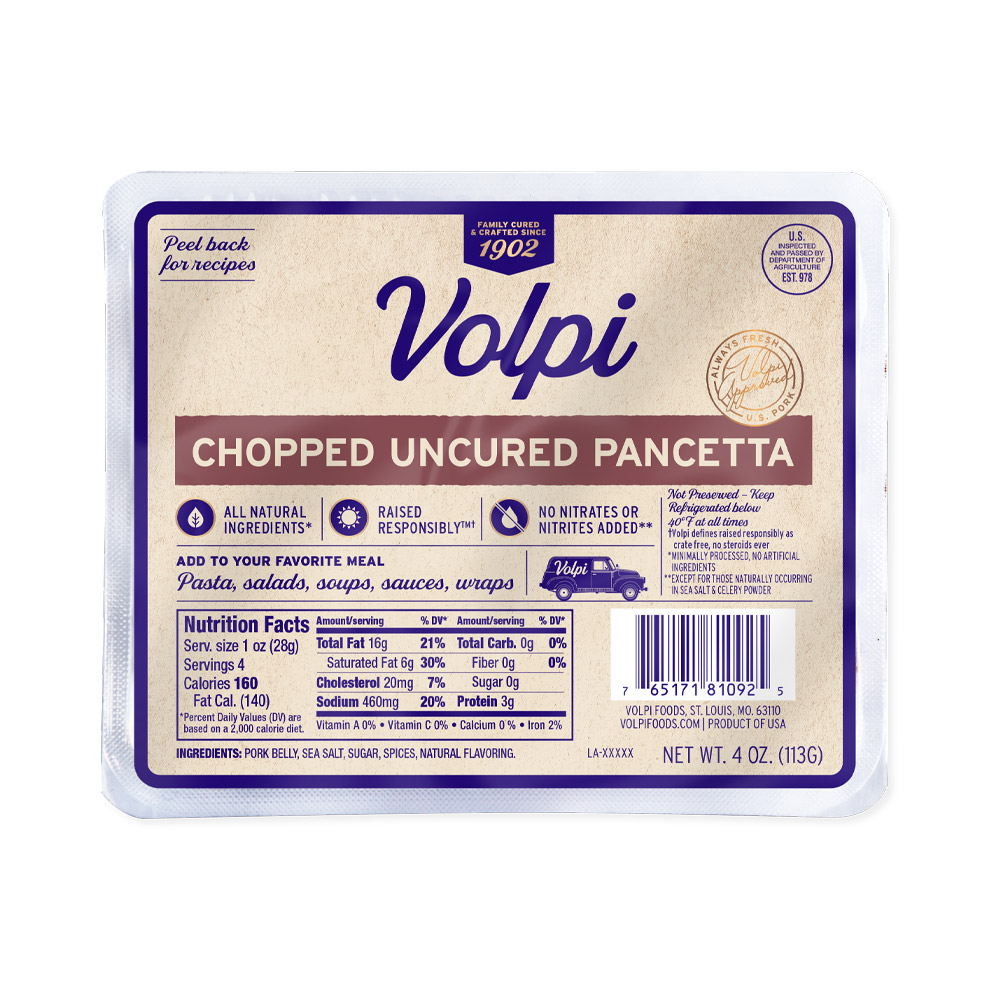volpi chopped uncured pancetta in plastic packaging