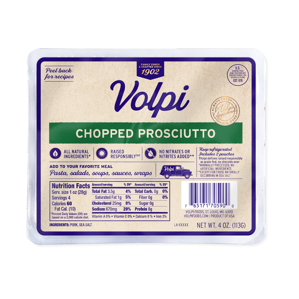 volpi chopped prosciutto in plastic packaging