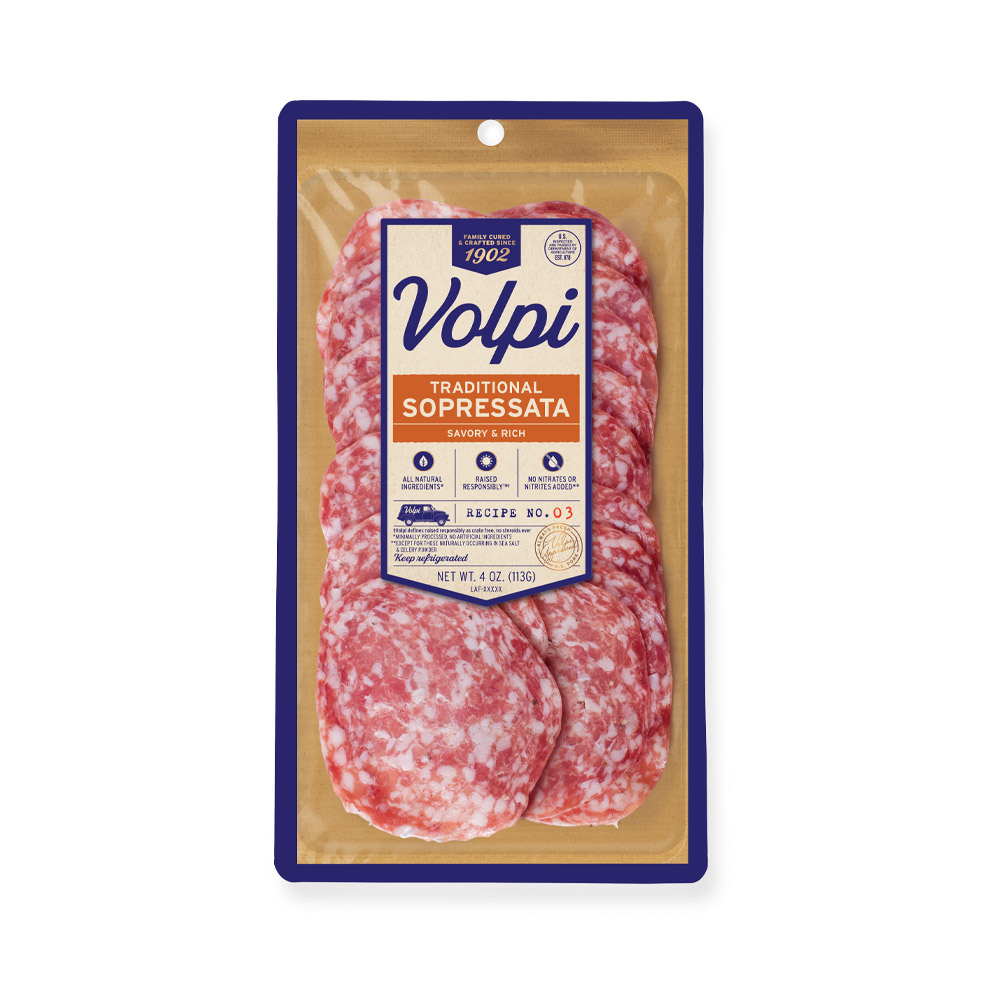 volpi sliced traditional sopressata salame in plastic packaging