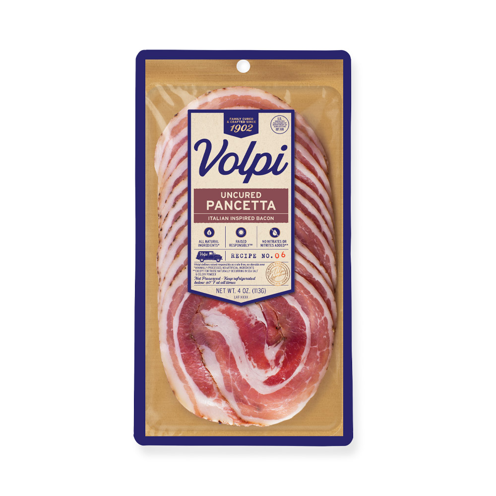 volpi sliced uncured pancetta in plastic packaging
