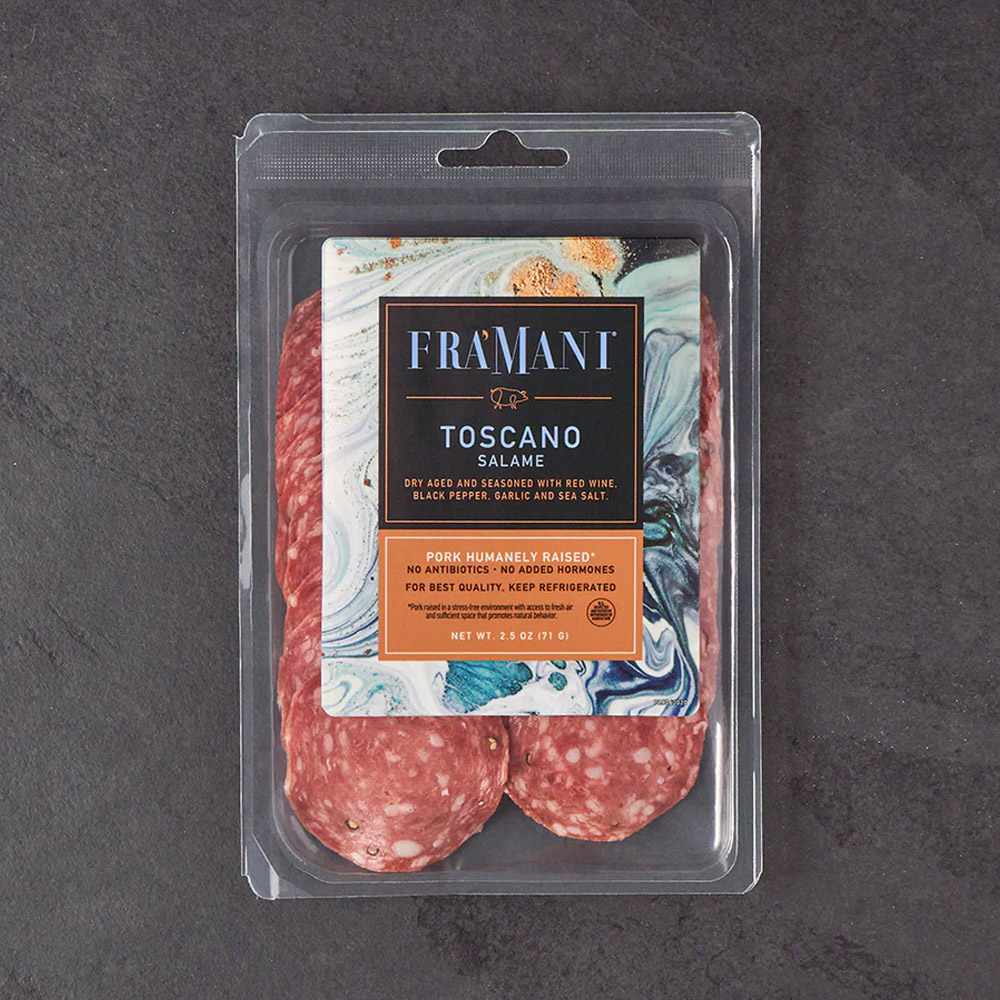 A package of Fra'Mani sliced Toscano salami