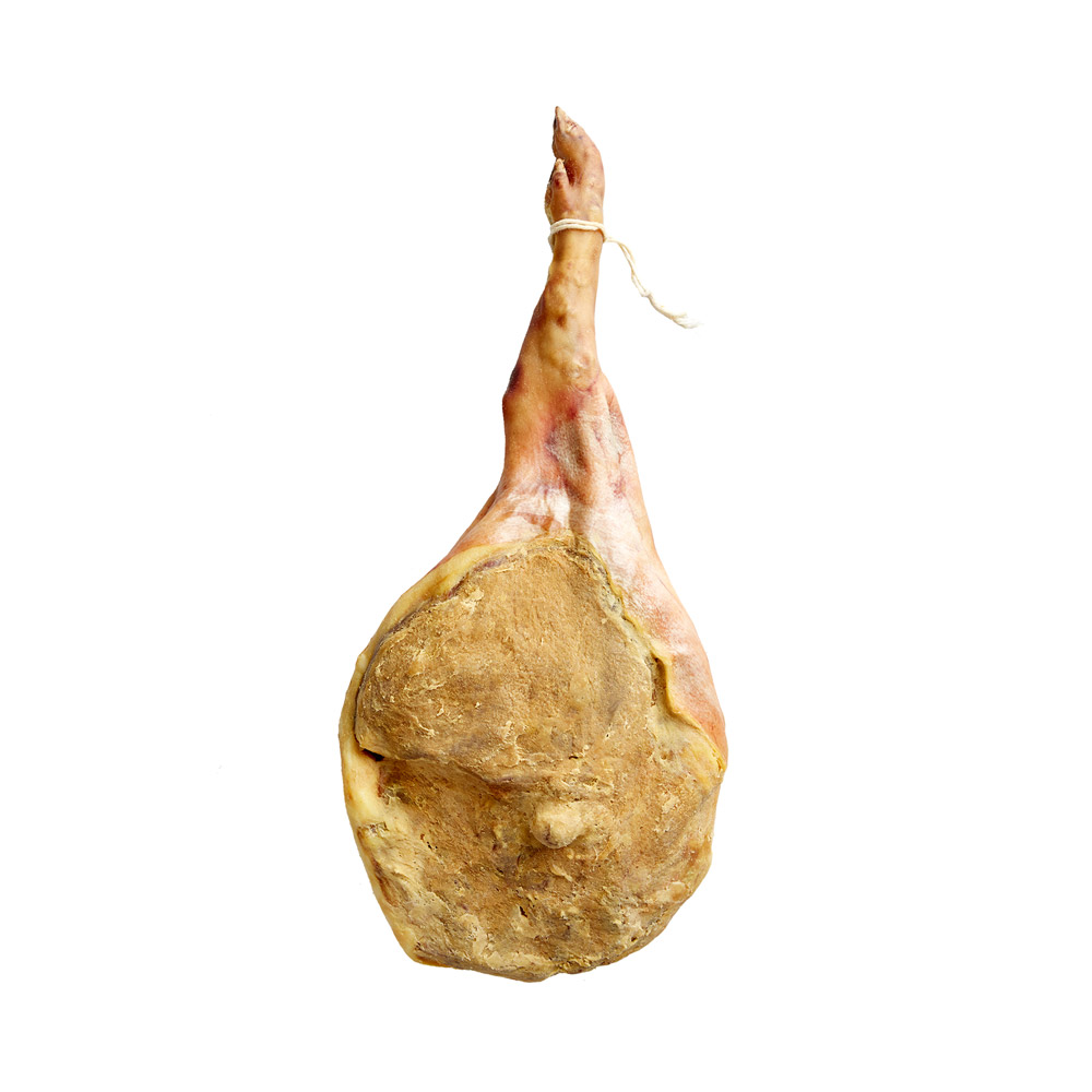 A leg of prosciutto with the foot attached