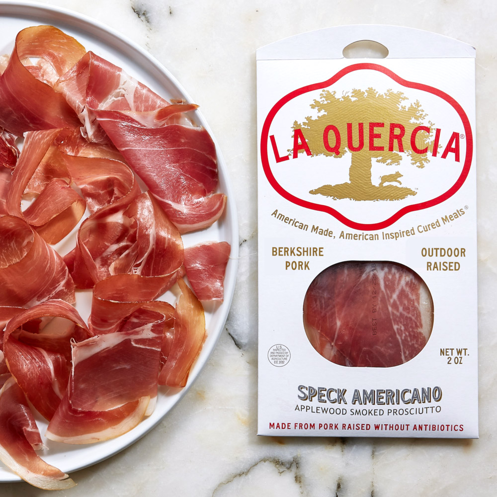 la quercia sliced speck americano sliced on plate and la quercia sliced speck americano in packaging