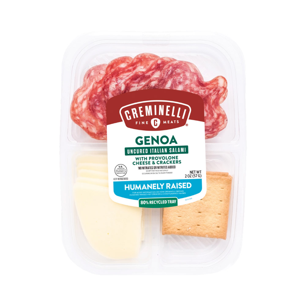 creminelli sliced genoa salami with provolone cheese & crackers in plastic tub