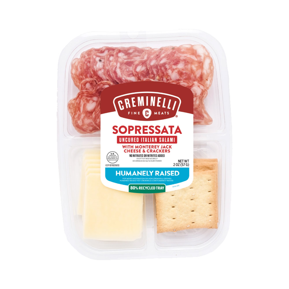 creminelli sliced sopressata salami with monterey jack cheese & crackers in plastic tub