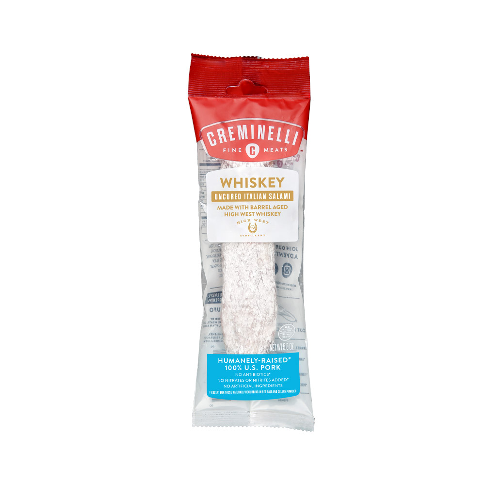 creminelli whiskey salami chubs in plastic packaging