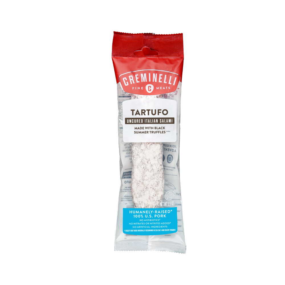 creminelli tartufo salami chubs in plastic packaging