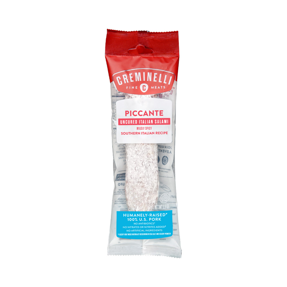 creminelli piccante salami chubs in plastic packaging