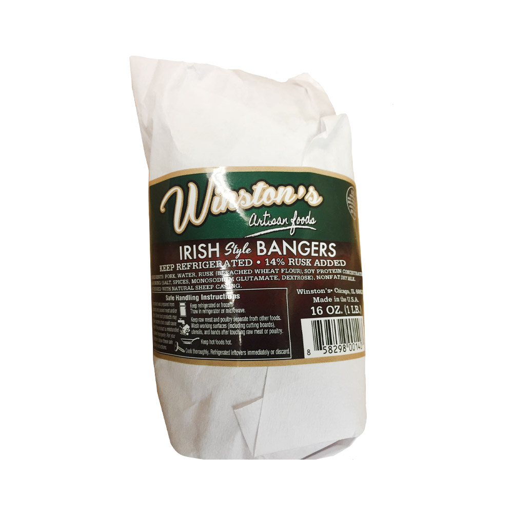 winston's irish style bangers in paper wrap packaging