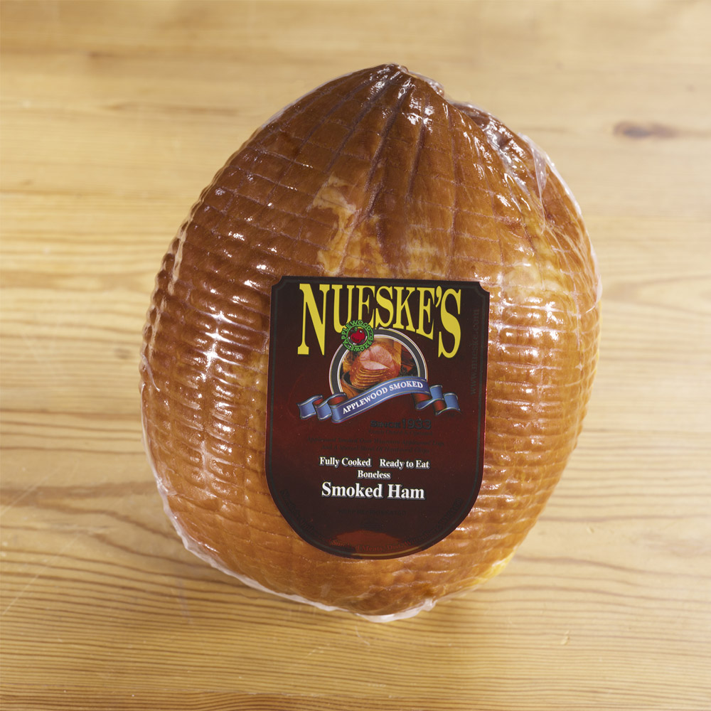 nueske's applewood smoked boneless ham in plastic packaging