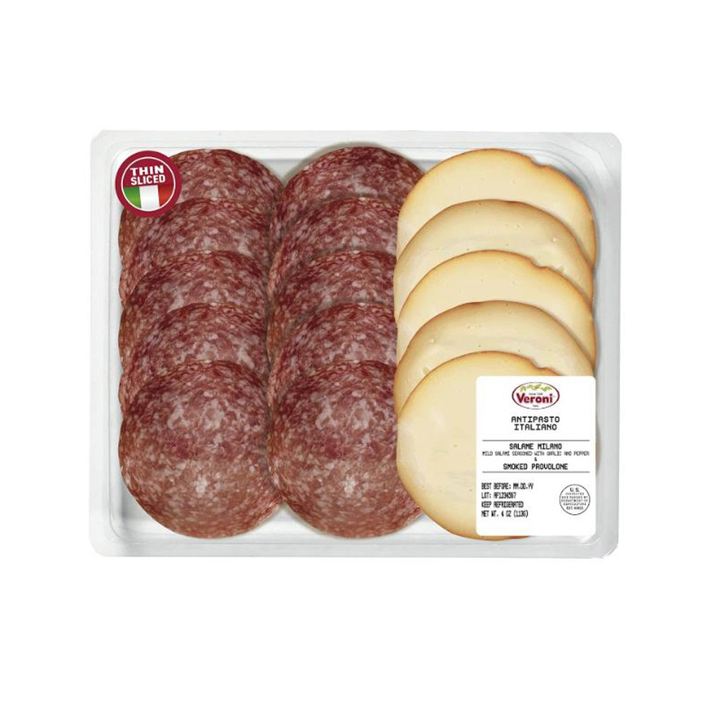 veroni sliced milano salame & smoked provolone in plastic packaging