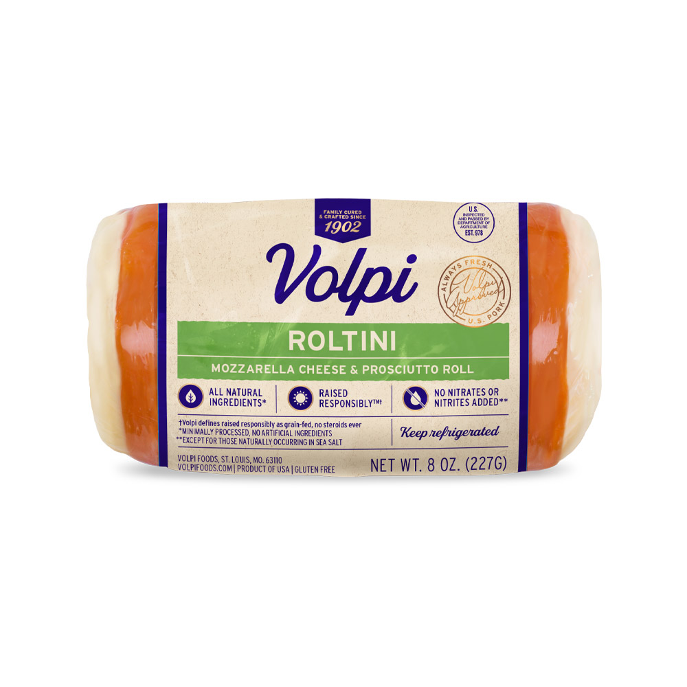 volpi roltini with mozzarella & prosciutto in plastic packaging