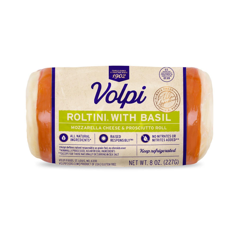 volpi roltini with basil,mozzarella & prosciutto in plastic packaging