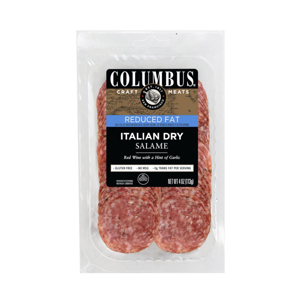 columbus sliced reduced fat italian dry salame in plastic packaging