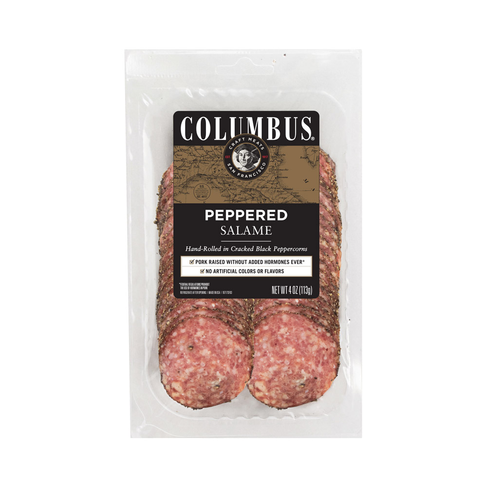 A package of Columbus sliced peppered salami