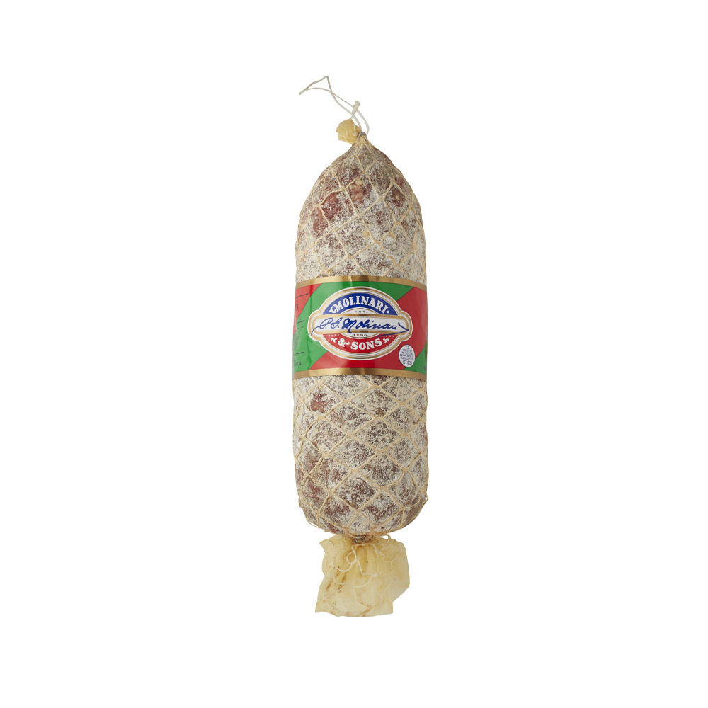 molinari & sons jumbo toscano salame in netted wrap packaging