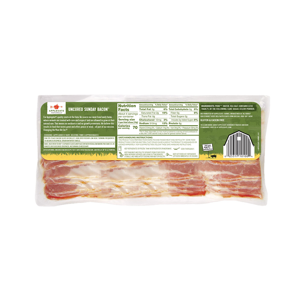 applegate naturals uncured sunday bacon nutritonal information shown on back of package