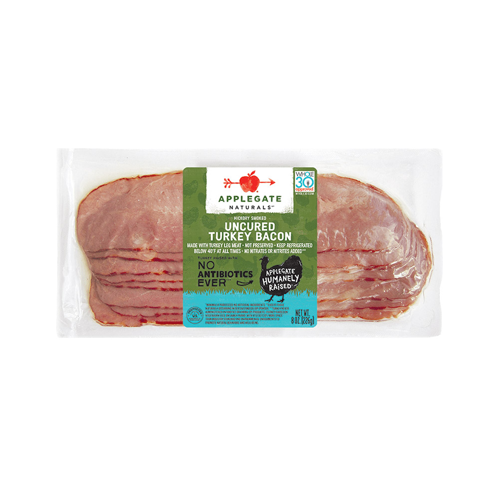 applegate naturals uncured turkey bacon in plastic packaging
