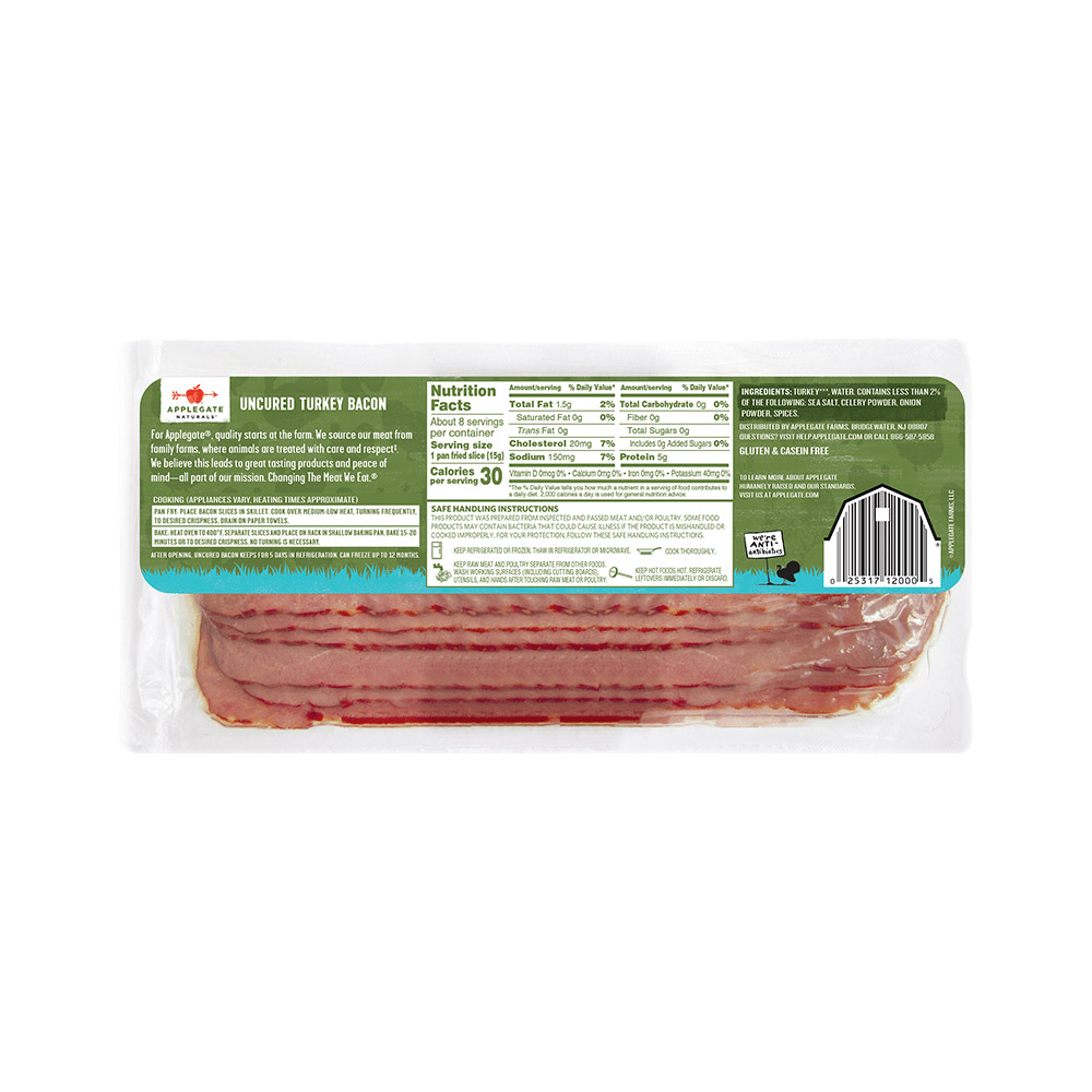 applegate naturals uncured turkey bacon nutritonal information shown on back of package