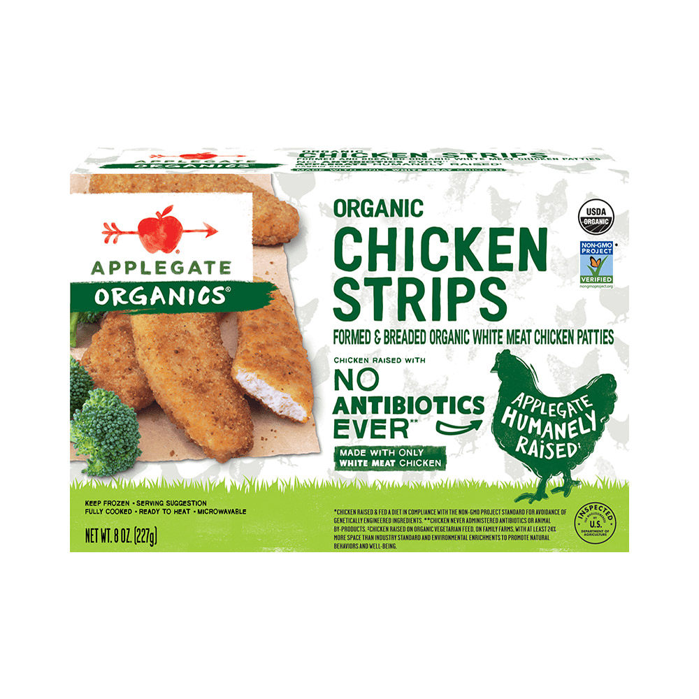 applegate organics organic chicken strips in plastic packaging