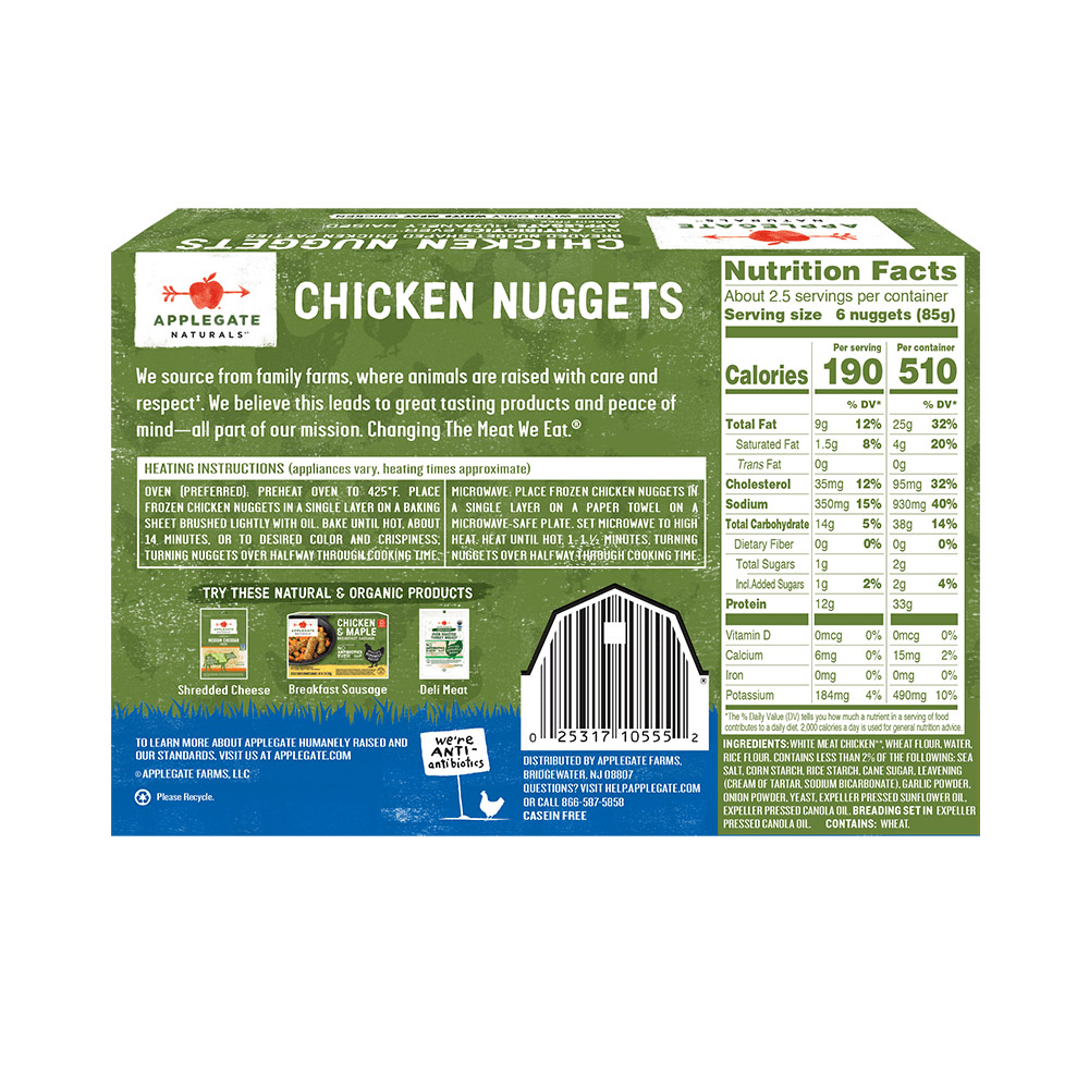applegte naturals chicken nuggets nutritonal information shown on back of package