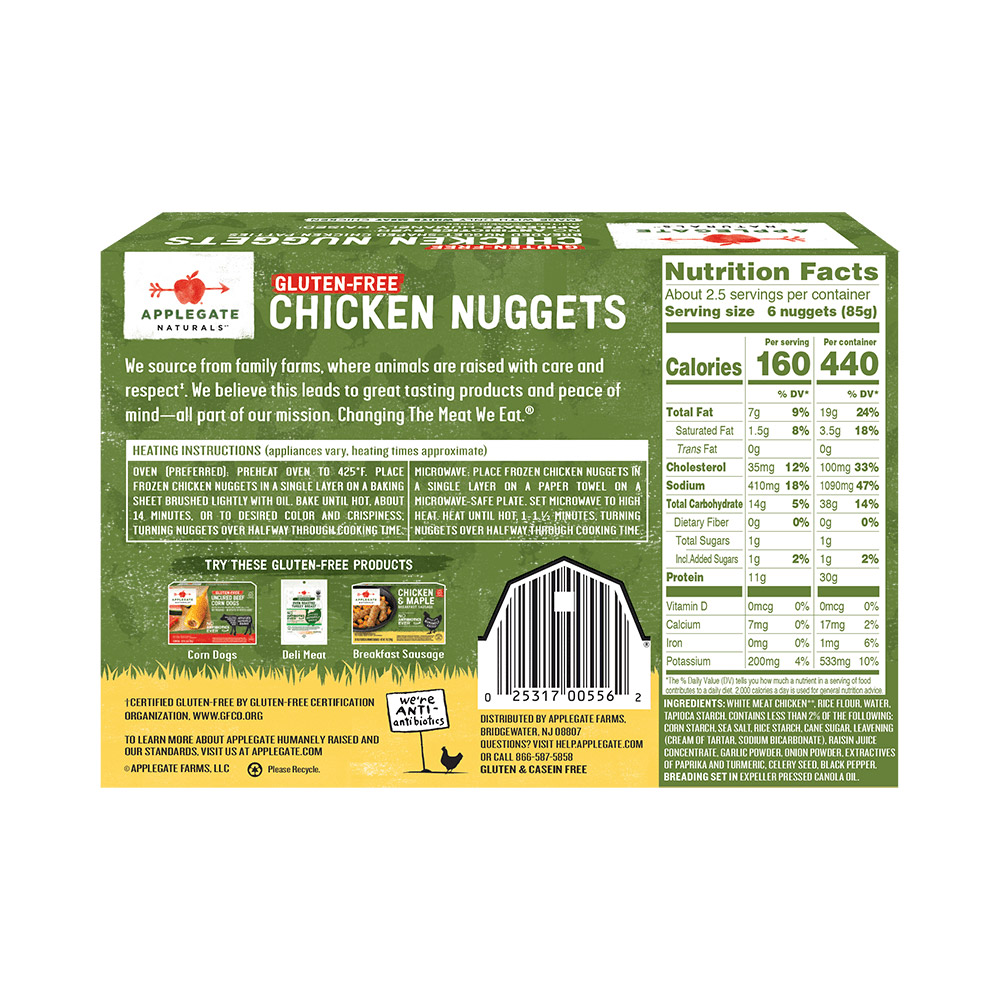 applegate naturals gluten free chicken nuggets nutritonal information shown on back of package