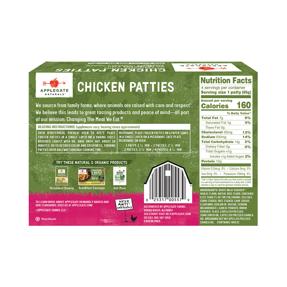 applegate naturals chicken patties nutritonal information shown on back of package