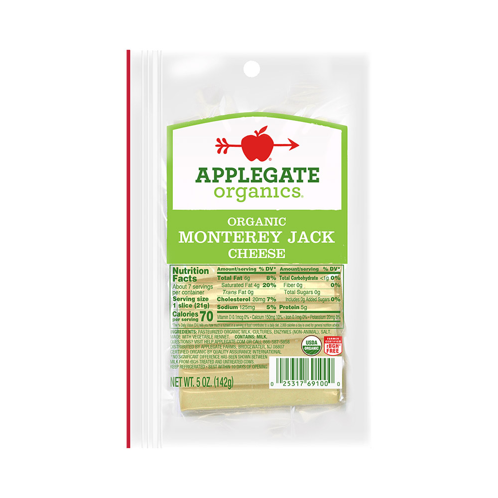 applegate organics sliced organic monterey jack cheese in plastic packaging