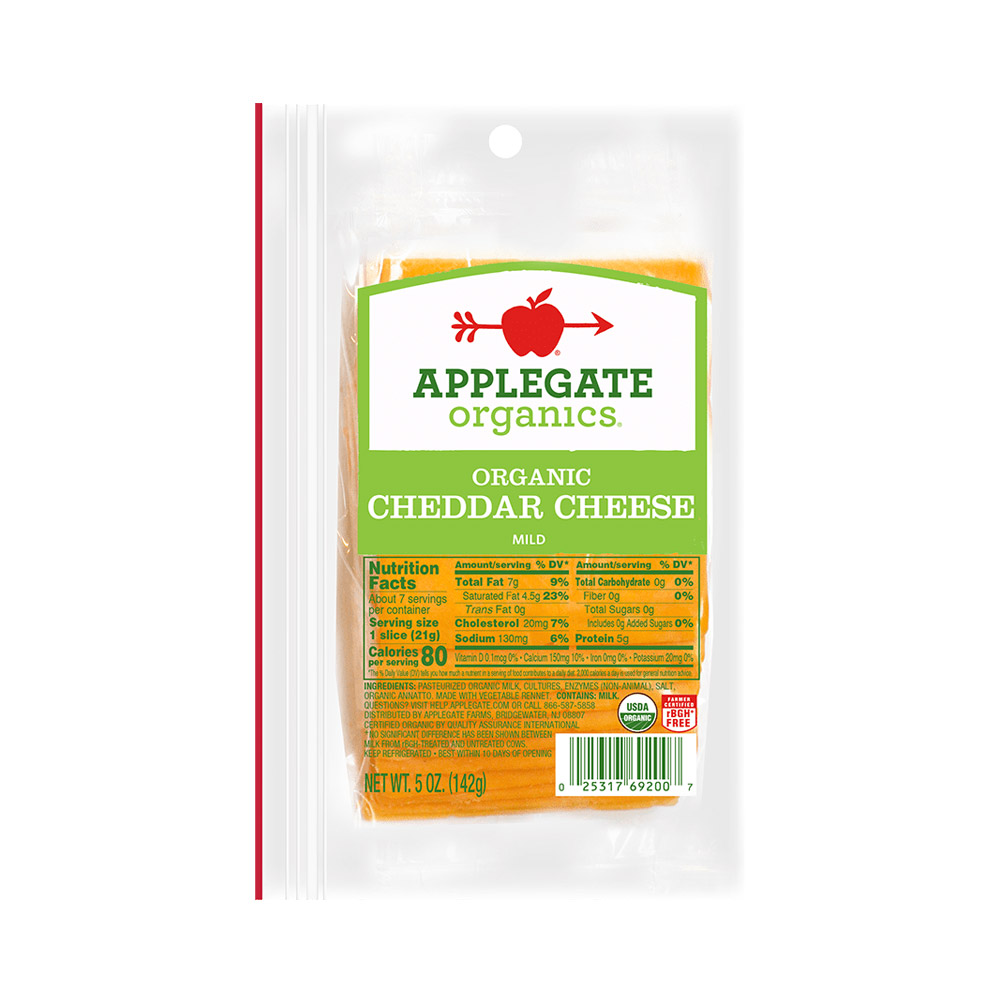 applegate organics sliced organic mild cheddar cheese in plastic packaging