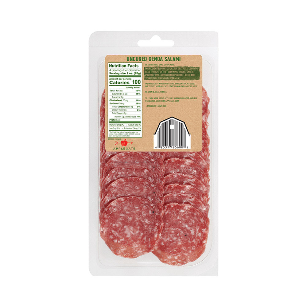 applegate naturals uncured sliced genoa salami nutritonal information shown on back of package ,applegate naturals uncured sliced genoa salami rolled with accompaniments on plate