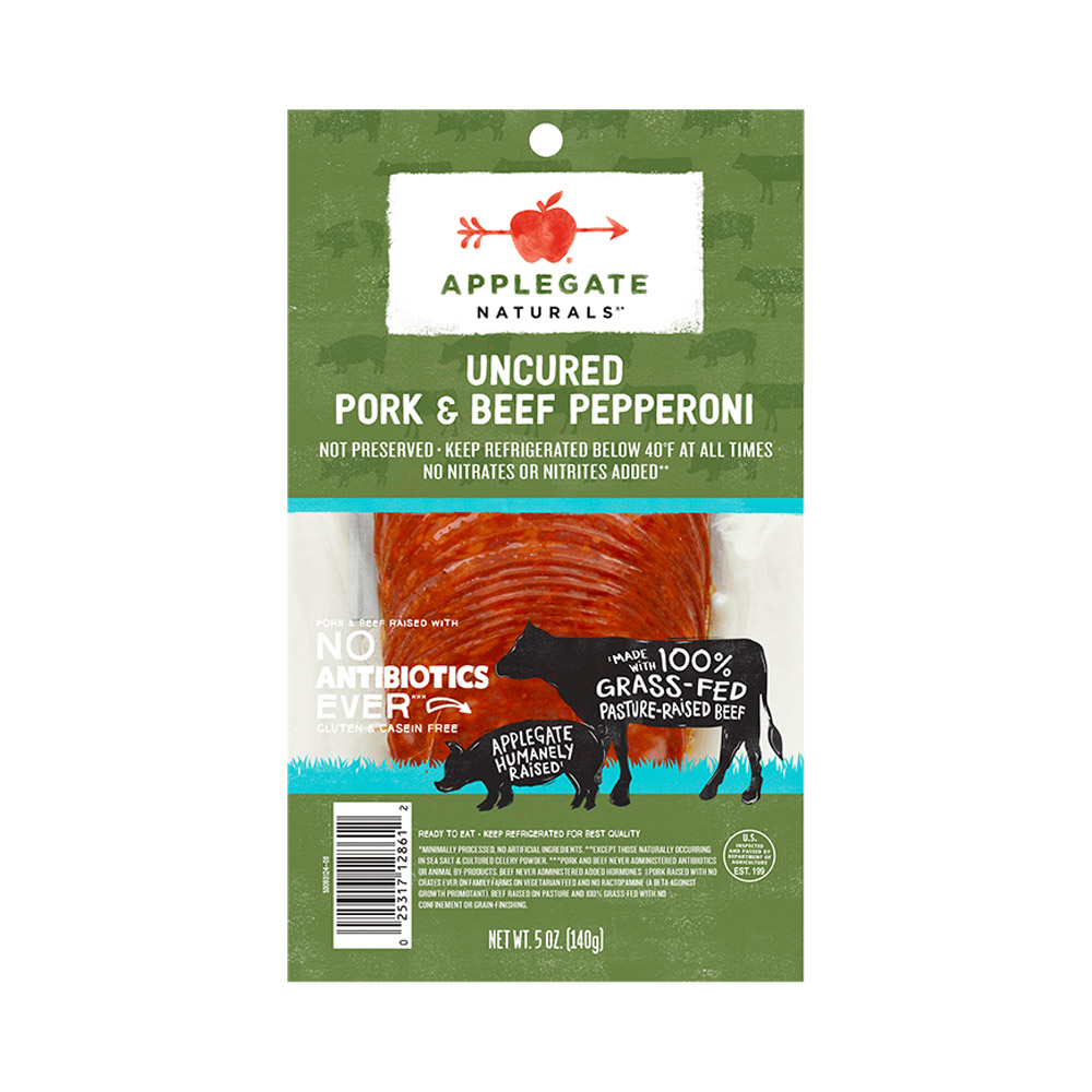 applegate naturals uncured pork & beef pepperoni in plastic packaging