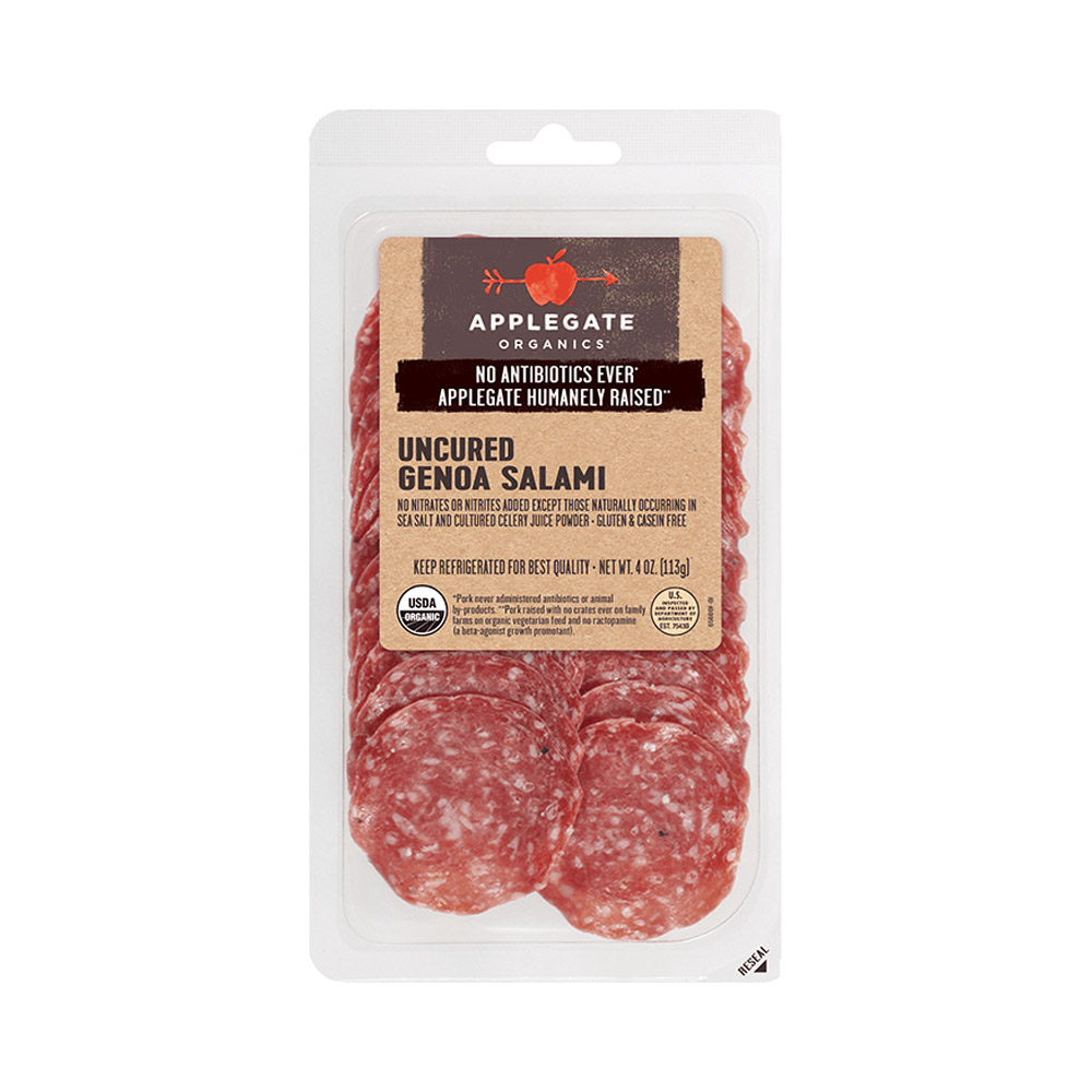 applegate organics uncured organic sliced genoa salami in plastic packaging
