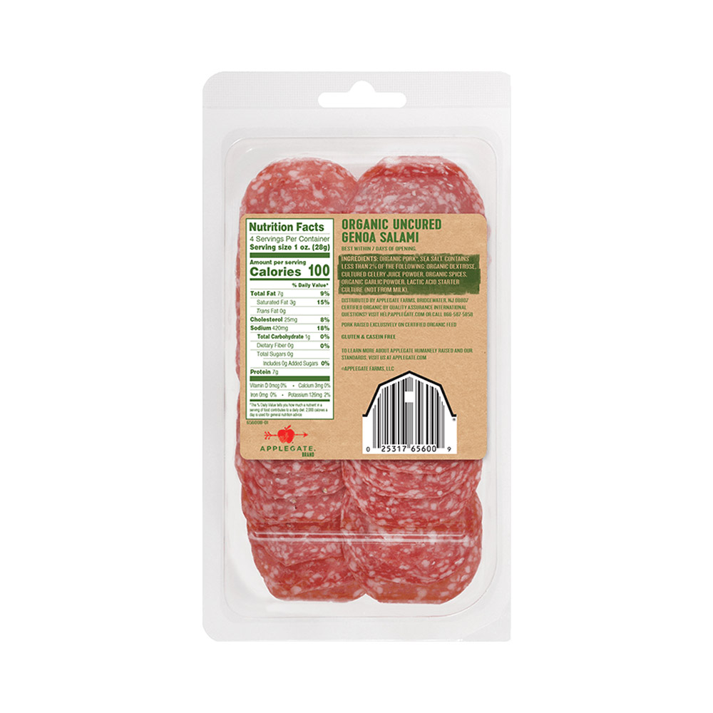 applegate organics uncured organic sliced genoa salami nutritonal information shown on back of package