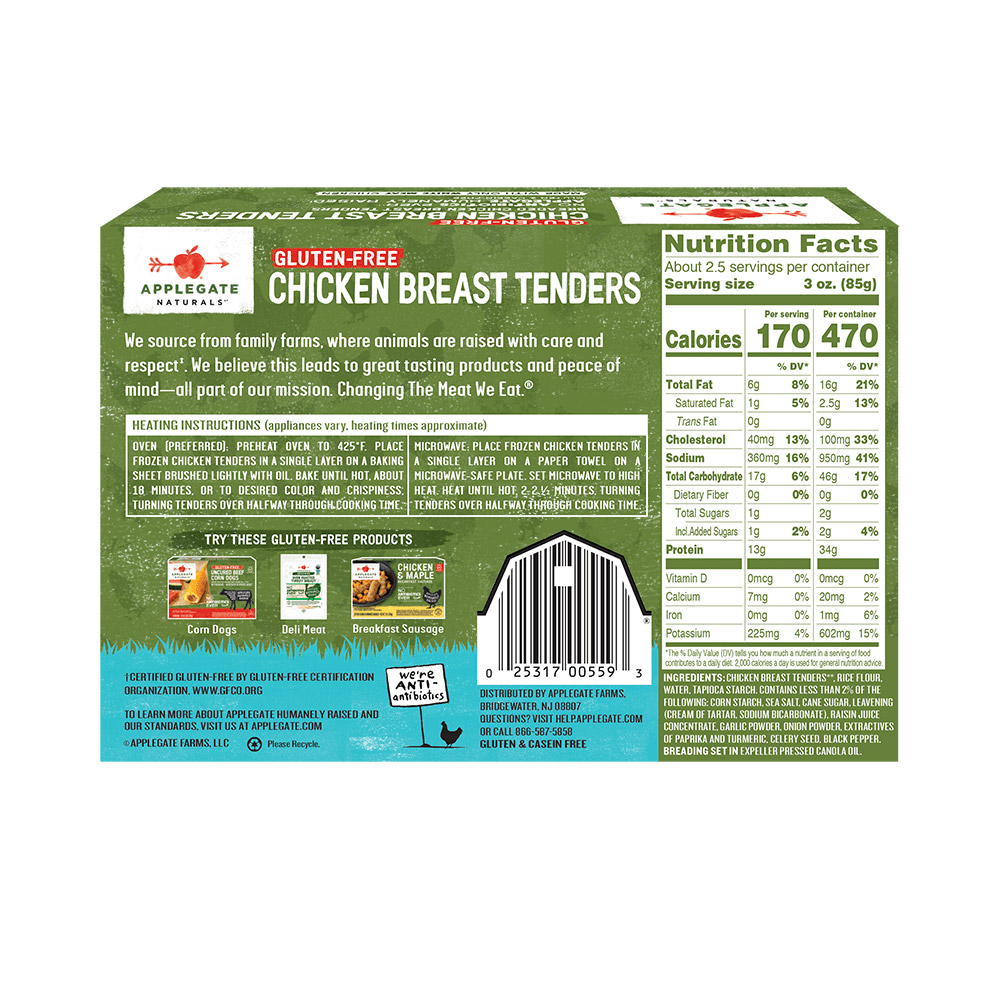 applegate naturals gluten free chicken breast tenders nutritonal information shown on back of package