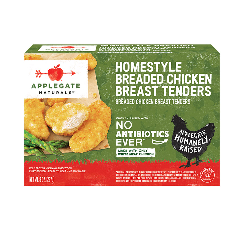 applegate naturals homestyle breaded chicken breast tenders in box packaging