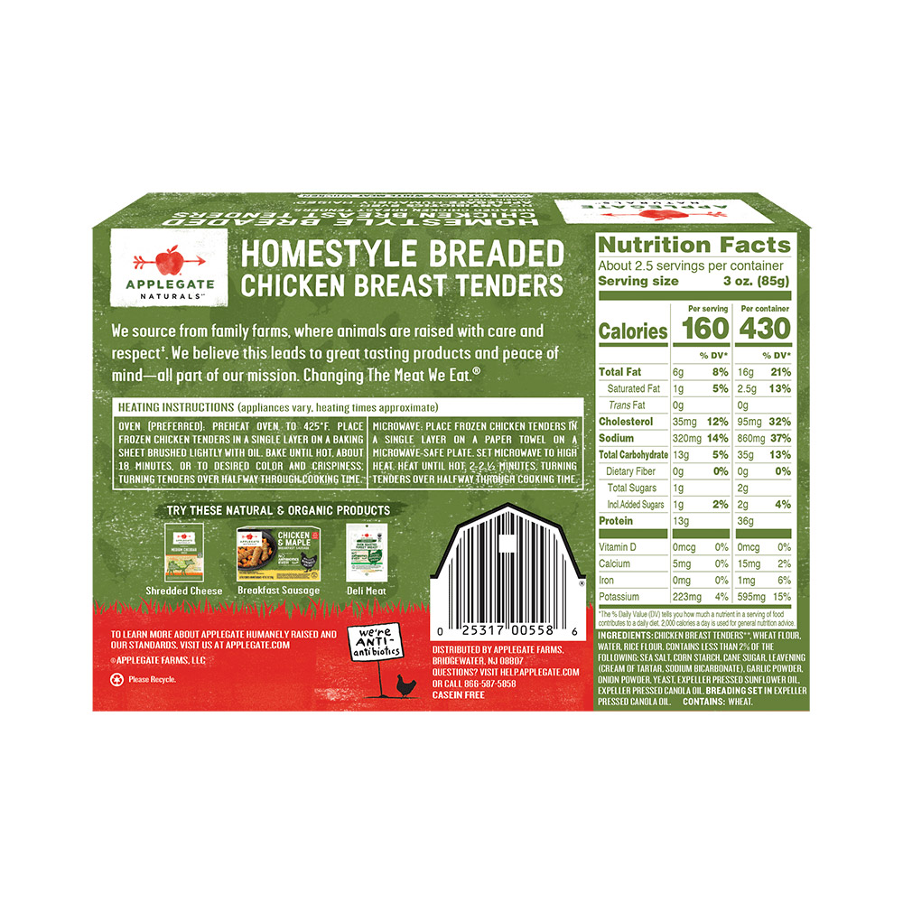 applegate naturals homestyle breaded chicken breast tenders nutritonal information shown on back of package
