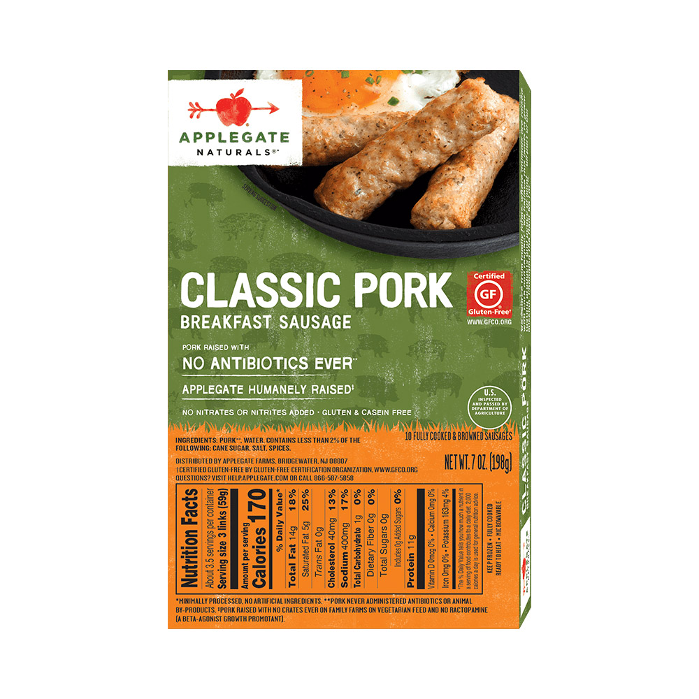 applegate naturals classic pork breakfast sausage links nutritonal information shown on back of package
