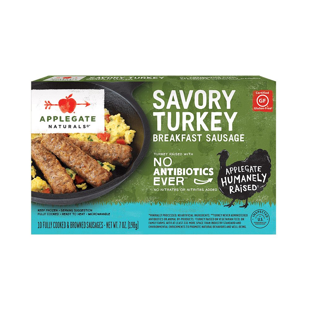 applegate naturals savory turkey breakfast sausage links in box packaging