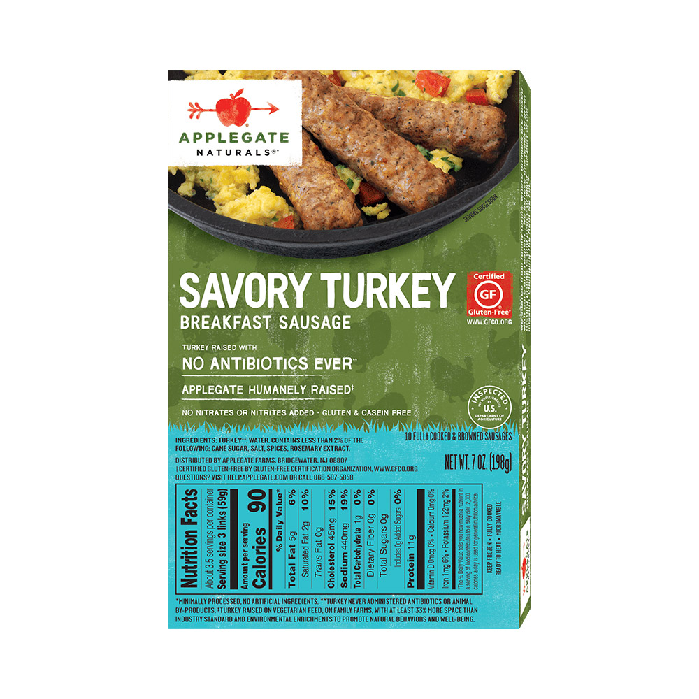 applegate naturals savory turkey breakfast sausage links nutritonal information shown on back of package