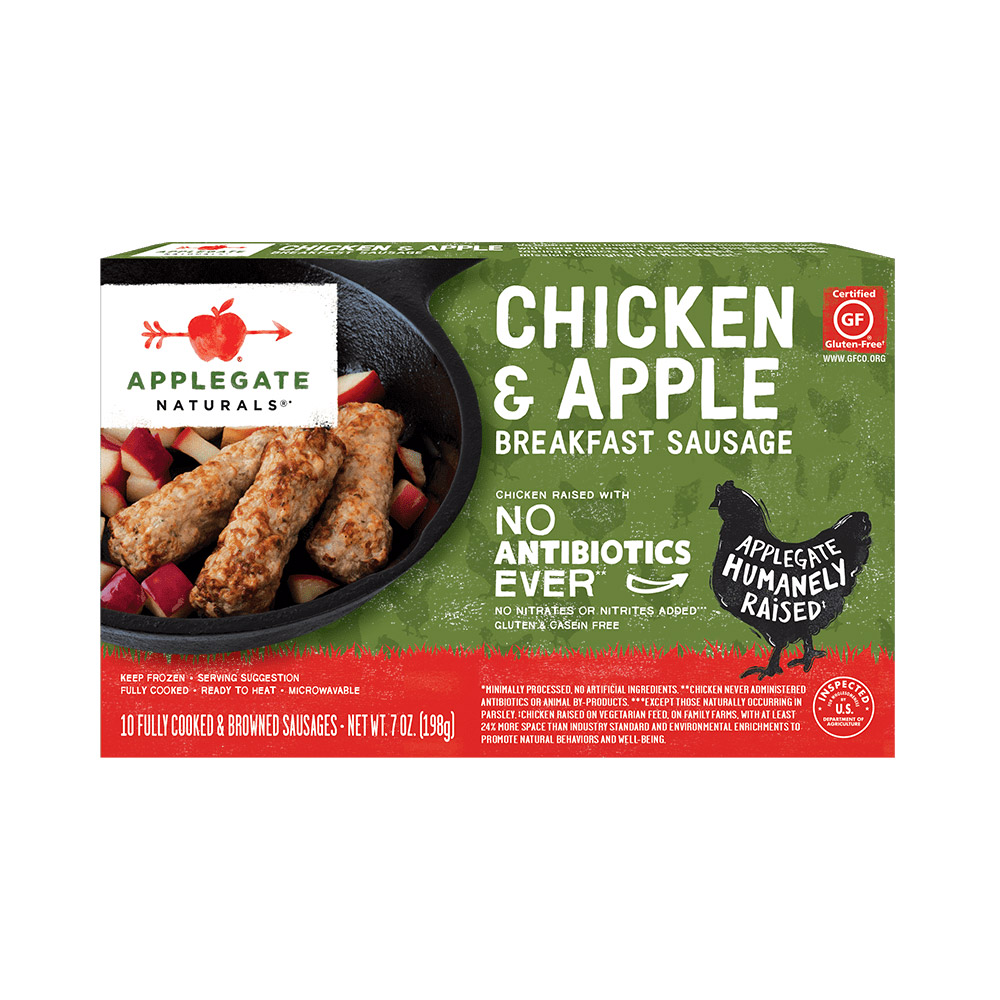 applegate naturals chicken & apple breakfast sausage links in box packaging