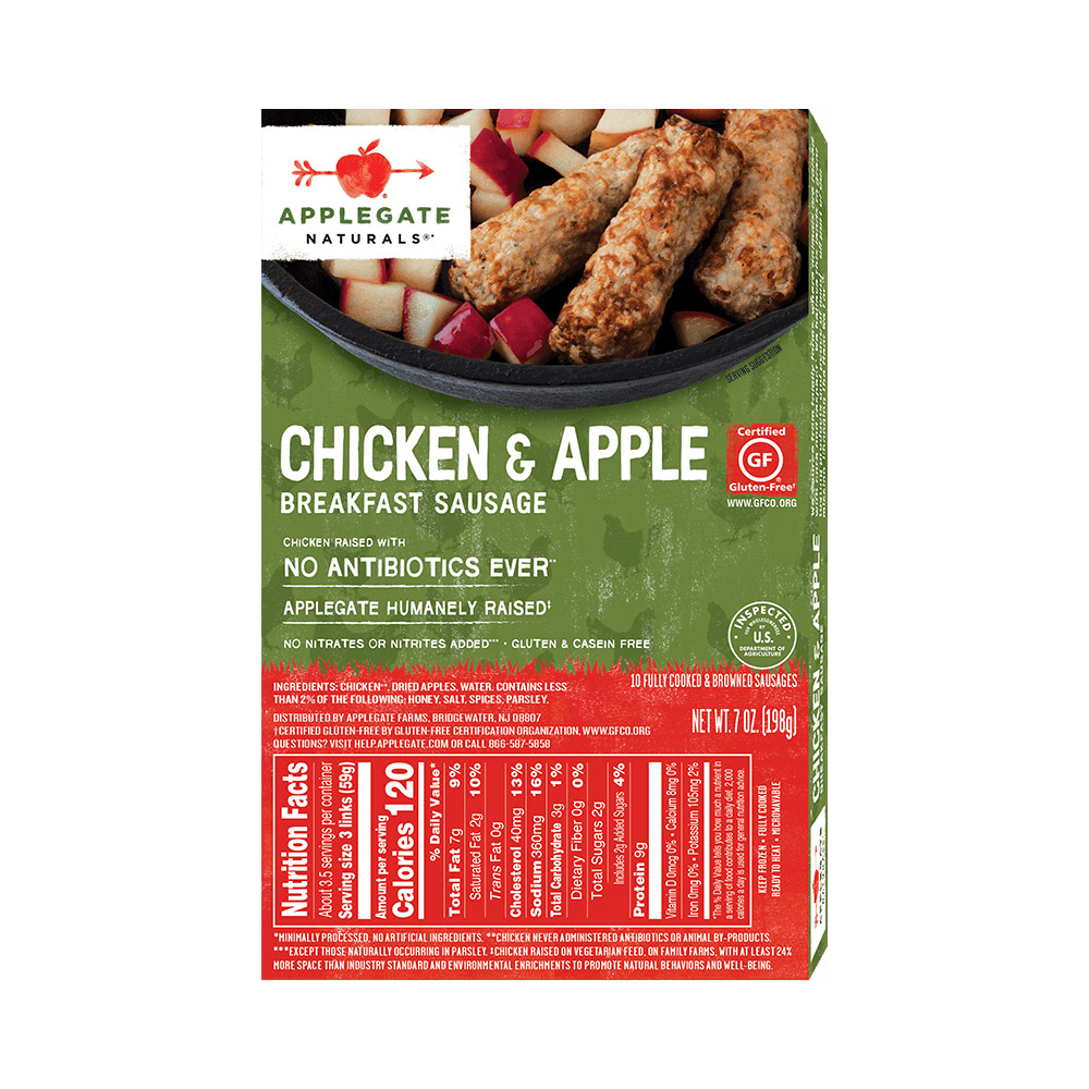 applegate naturals chicken & apple breakfast sausage links nutritonal information shown on back of package
