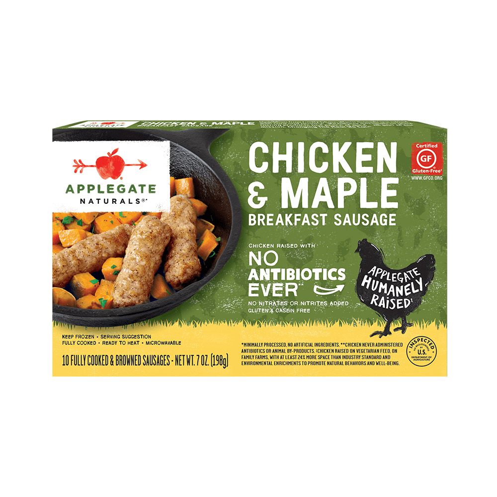 applegate naturals chicken & maple breakfast sausage links in box packaging