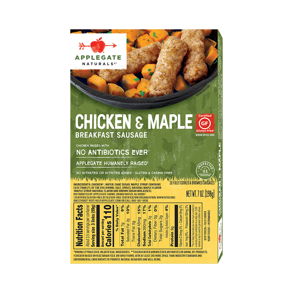 applegate naturals chicken & maple breakfast sausage links nutritonal information shown on back of package