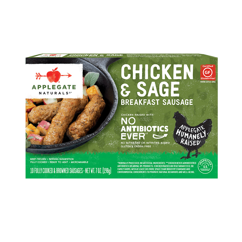 applegate naturals chicken & sage breakfast sausage links in box packaging