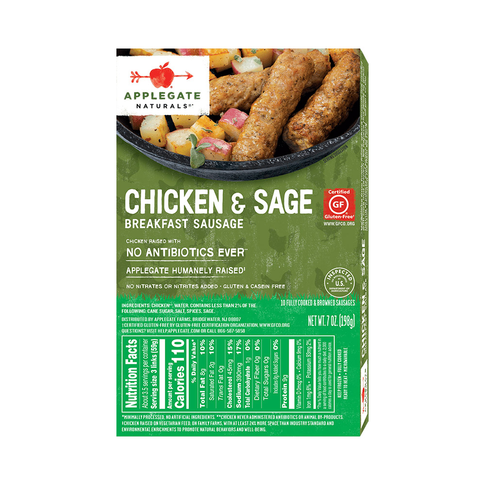 applegate naturals chicken & sage breakfast sausage links nutritonal information shown on back of package