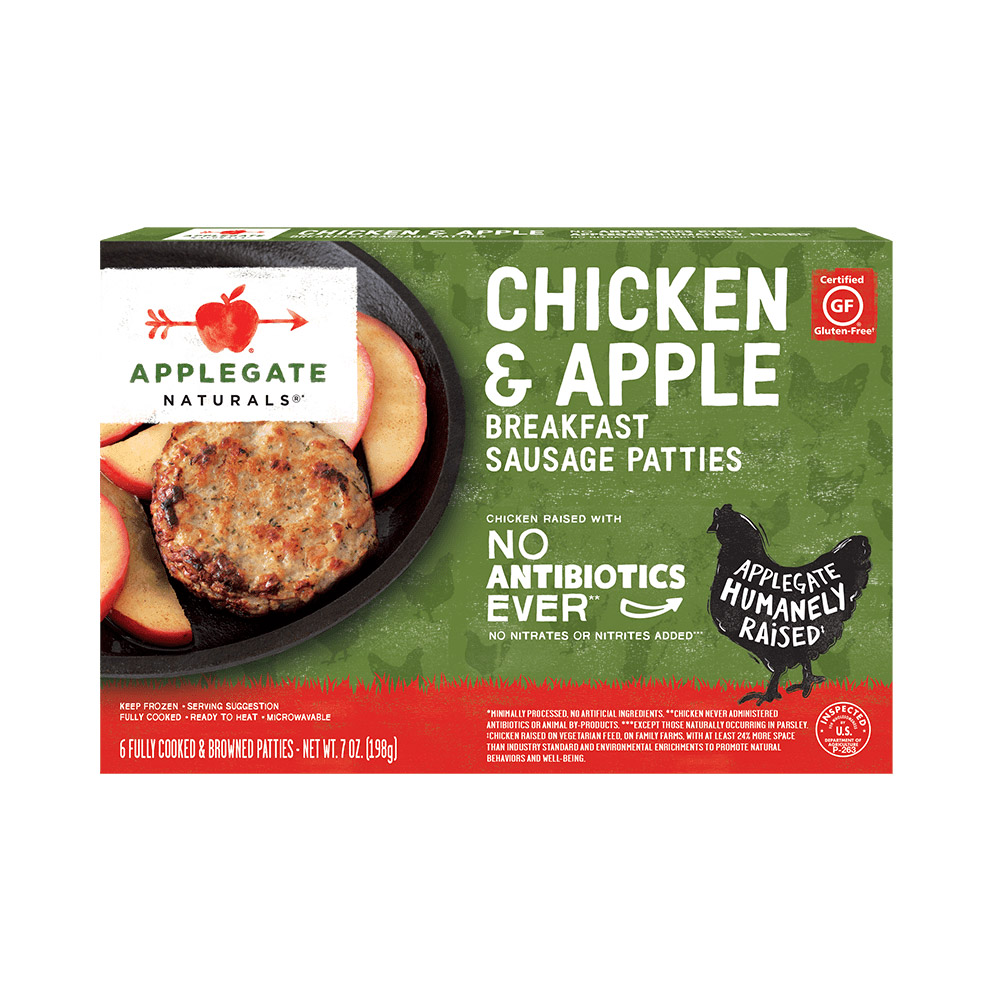 applegate naturals chicken & apple breakfast sausage patties in box packaging